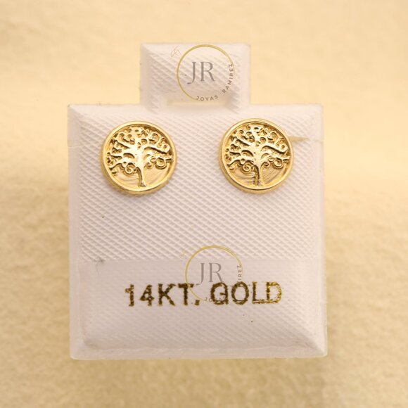 14K Yellow Gold Tree of Life Stud Earrings · Meaningful Gift for Mom. - Picture 1 of 8